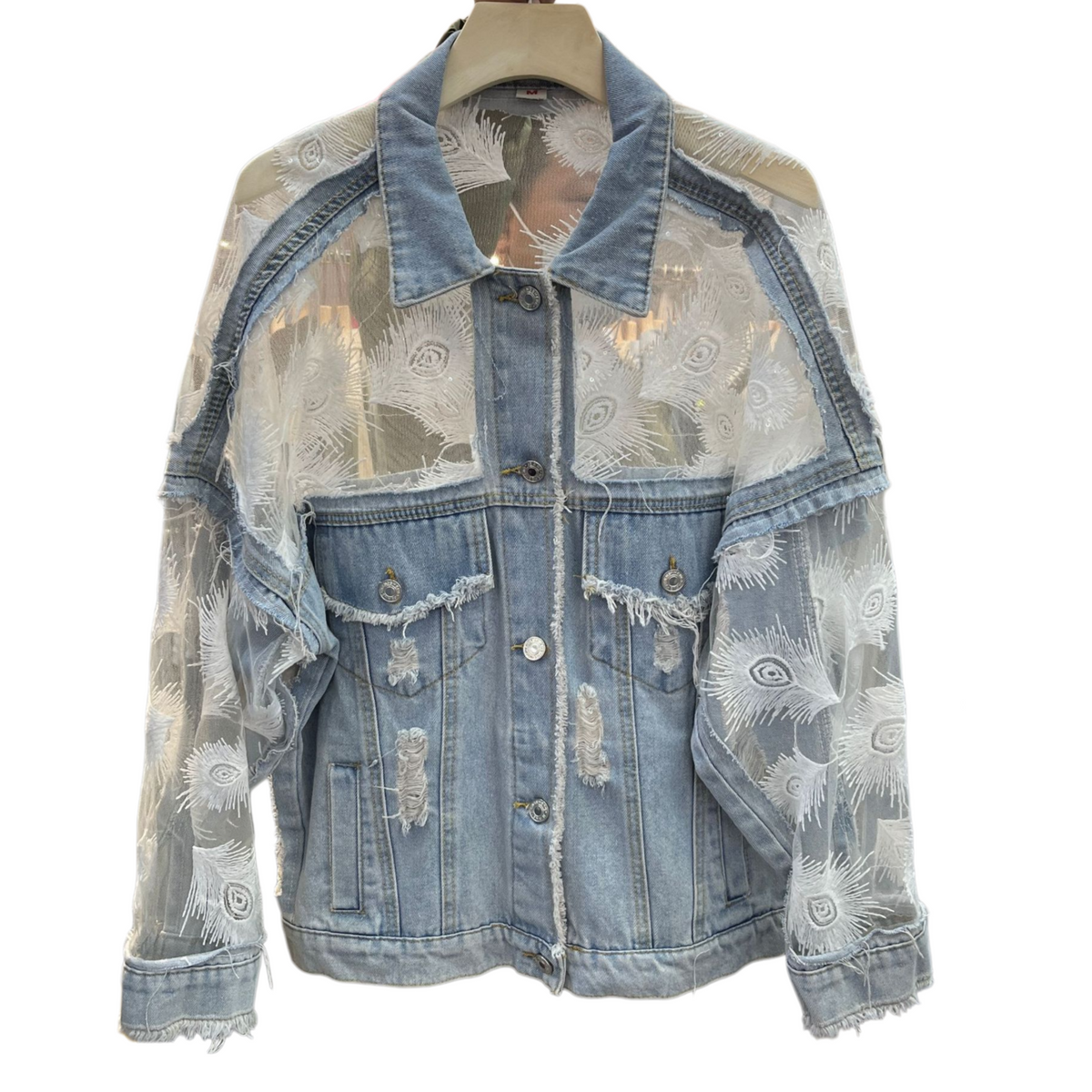Peacock Feather Embroidered Lace Denim Jacket - Blue - 1