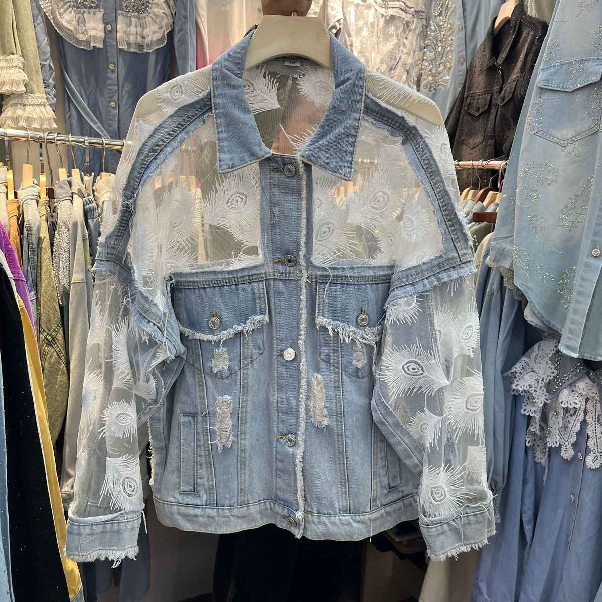 Peacock Feather Embroidered Lace Denim Jacket - Blue - 2