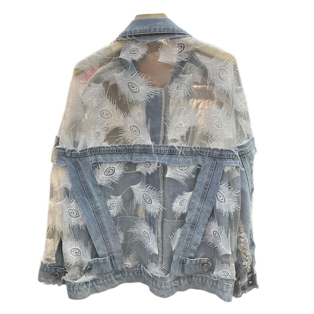 Peacock Feather Embroidered Lace Denim Jacket - Blue - 3