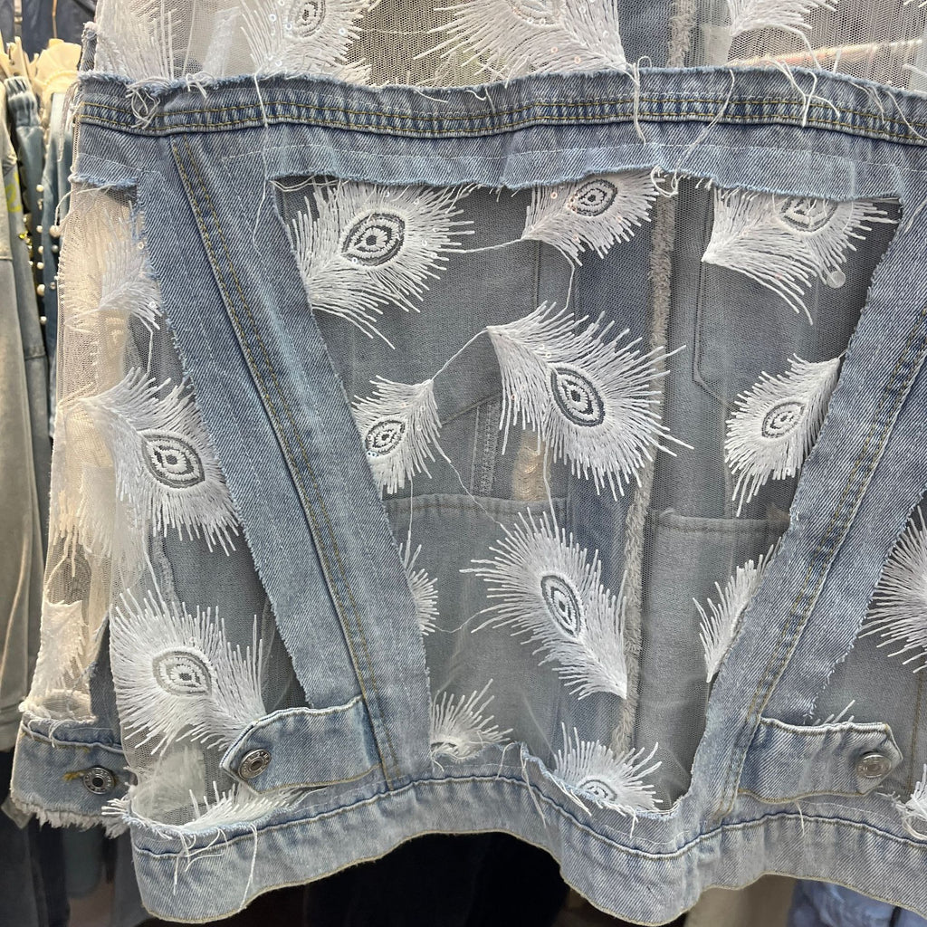 Peacock Feather Embroidered Lace Denim Jacket - Blue - 6