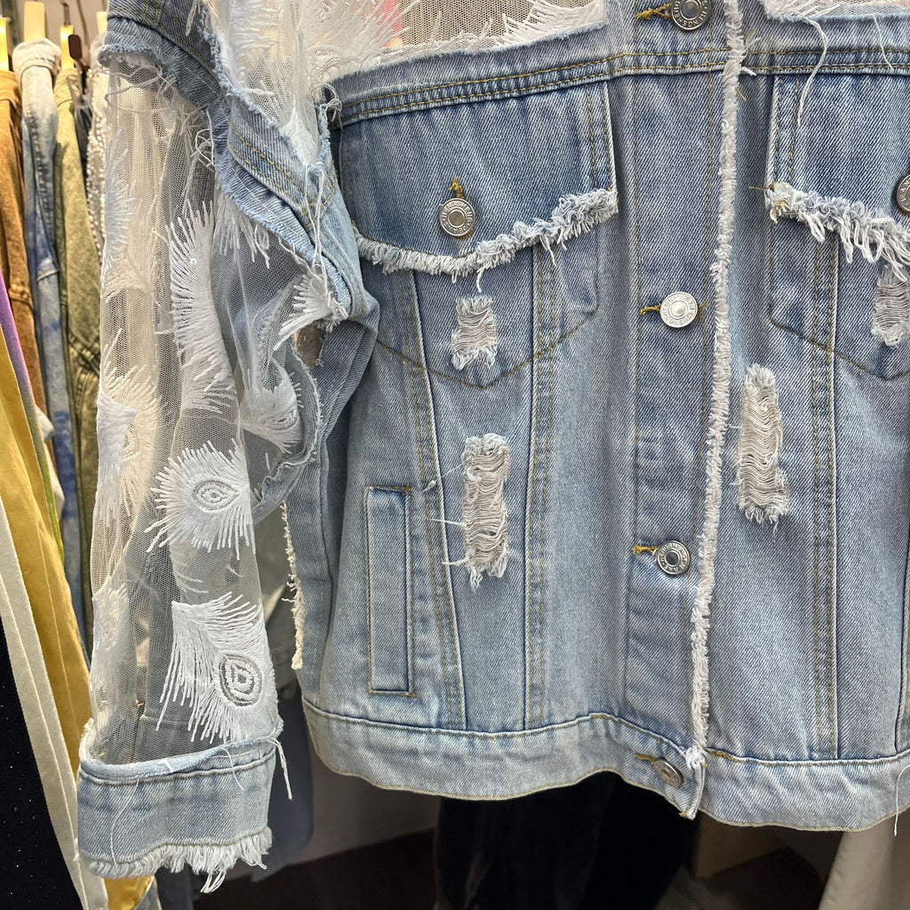 Peacock Feather Embroidered Lace Denim Jacket - Blue - 7