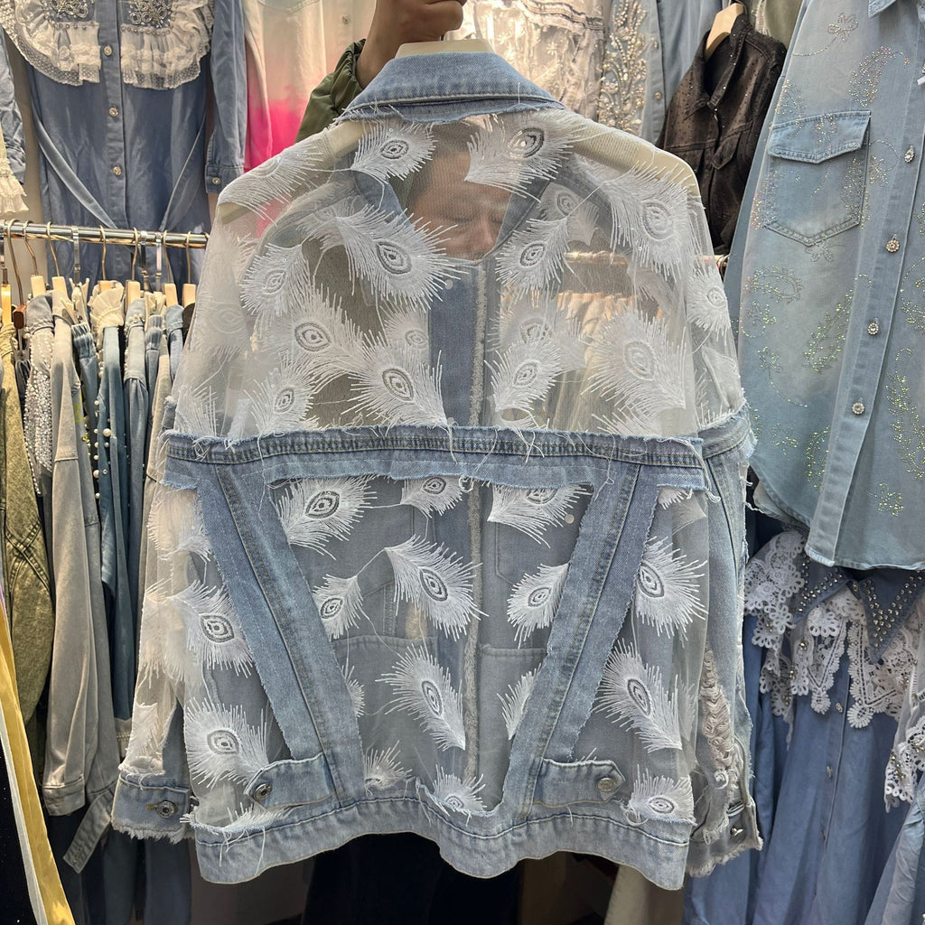 Peacock Feather Embroidered Lace Denim Jacket - Blue - 8