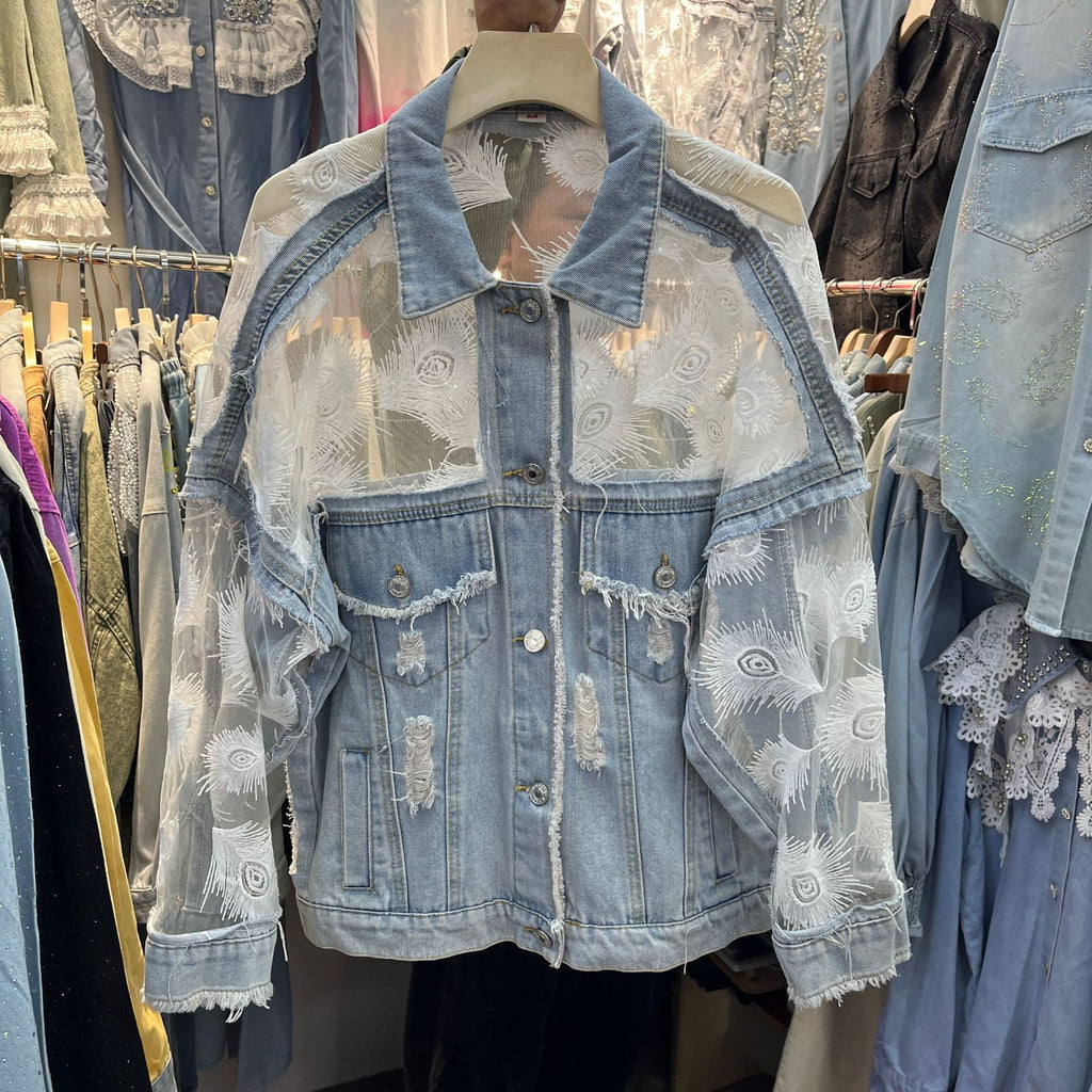 Peacock Feather Embroidered Lace Denim Jacket - Blue - 9