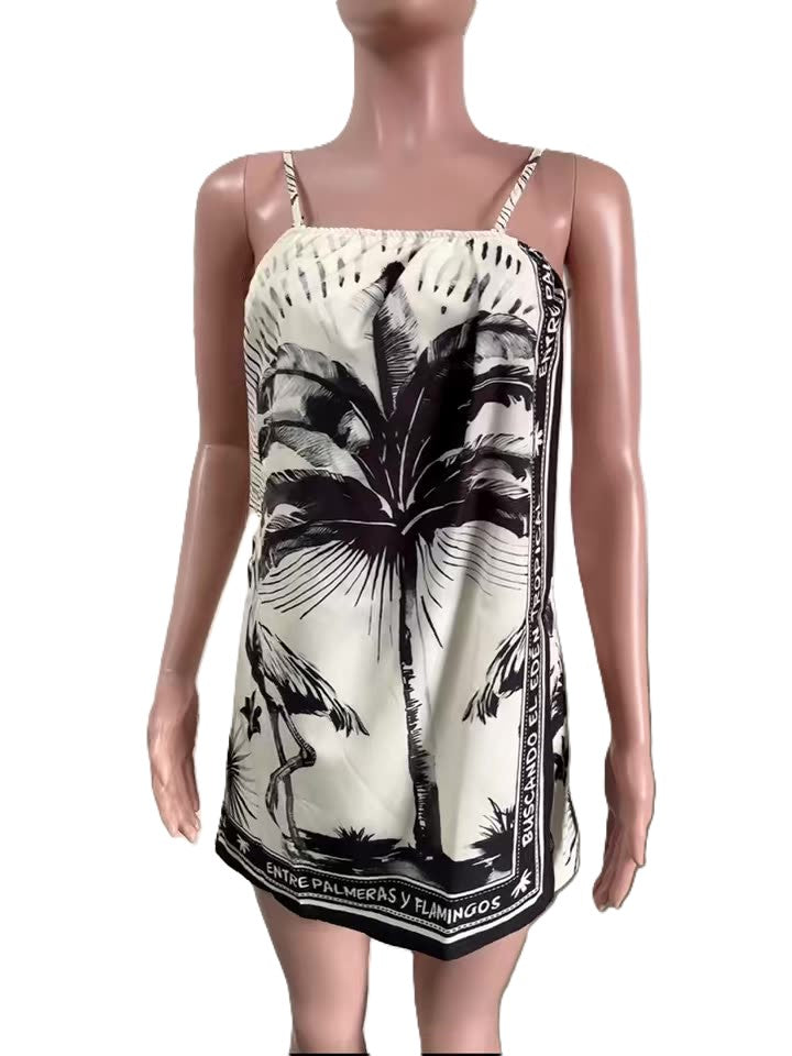 Palm Flamingo Scarf Print Mini Dress - Apricot
