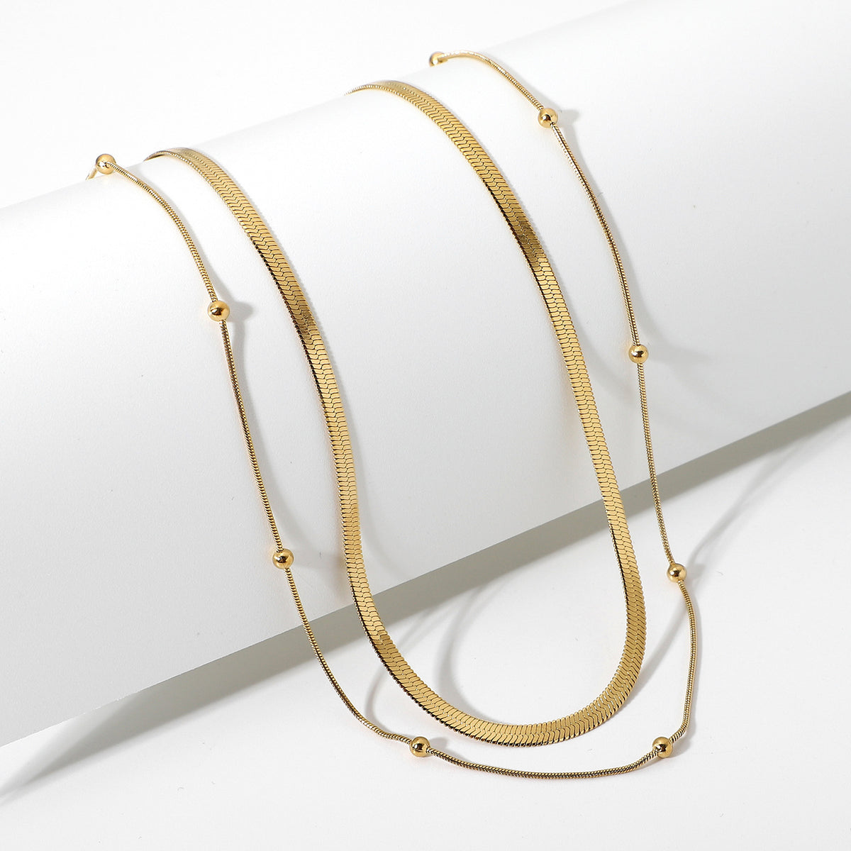 Layered Snake Chain Beaded Necklace - Gold - 1