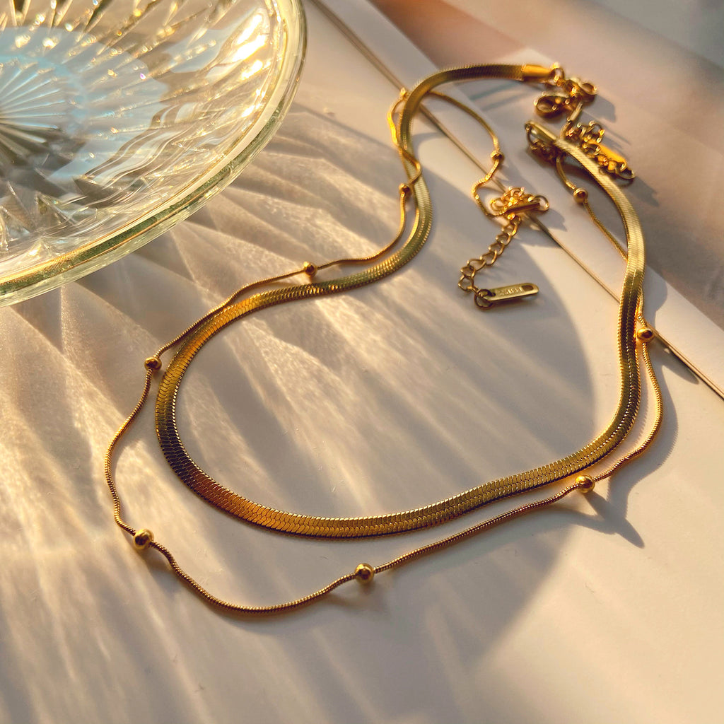 Layered Snake Chain Beaded Necklace - Gold - 2