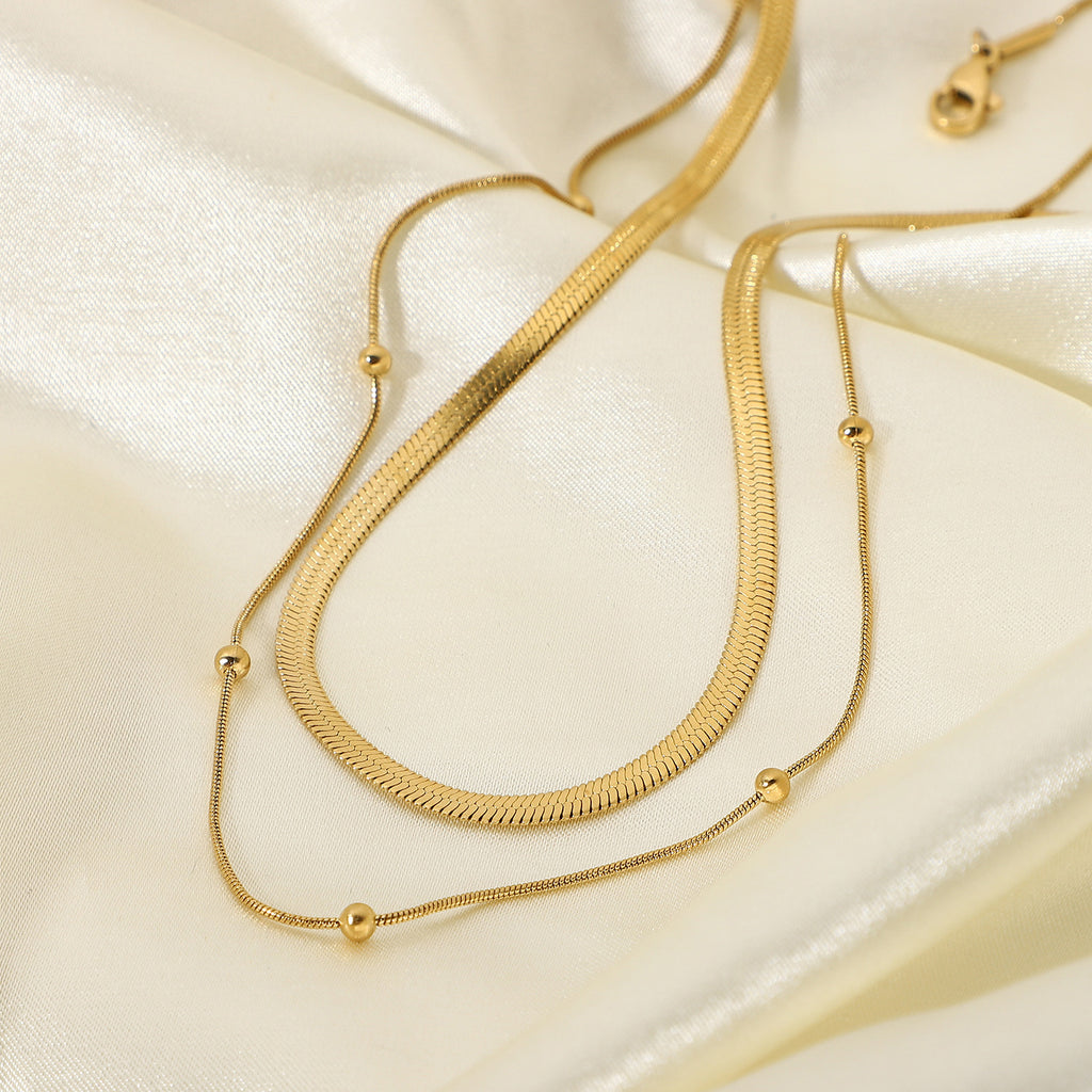 Layered Snake Chain Beaded Necklace - Gold - 3