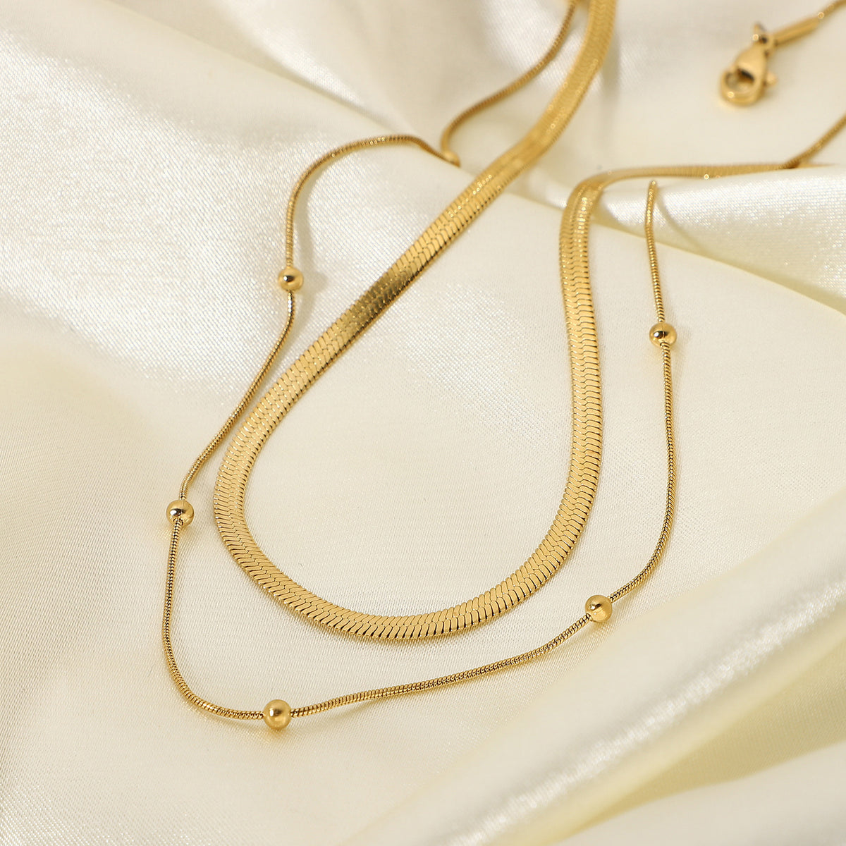 Layered Snake Chain Beaded Necklace - Gold - 3