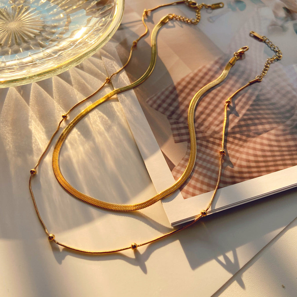 Layered Snake Chain Beaded Necklace - Gold - 4