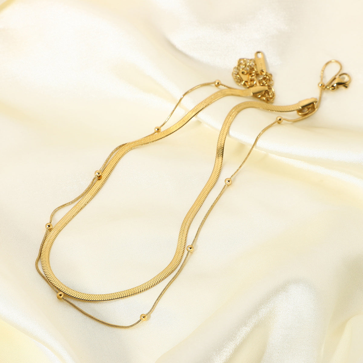 Layered Snake Chain Beaded Necklace - Gold - 5