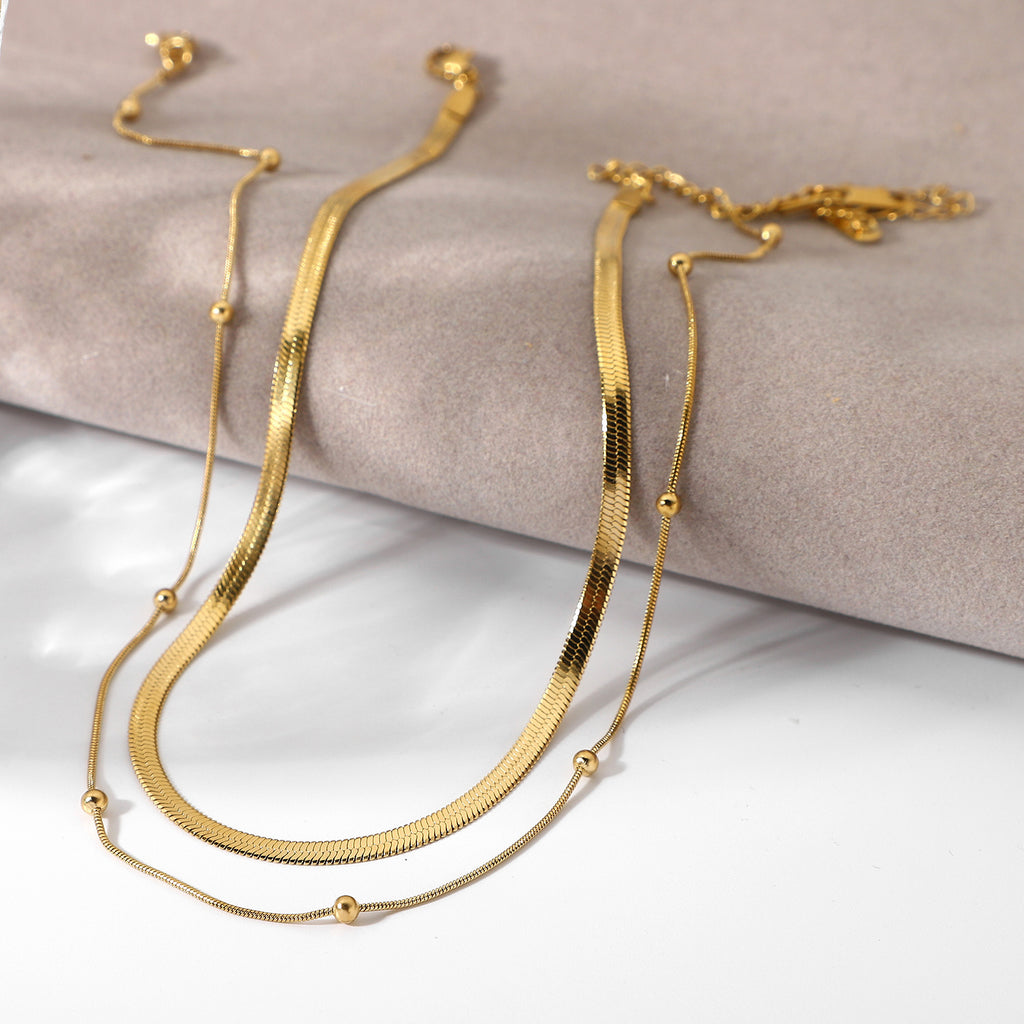 Layered Snake Chain Beaded Necklace - Gold - 6