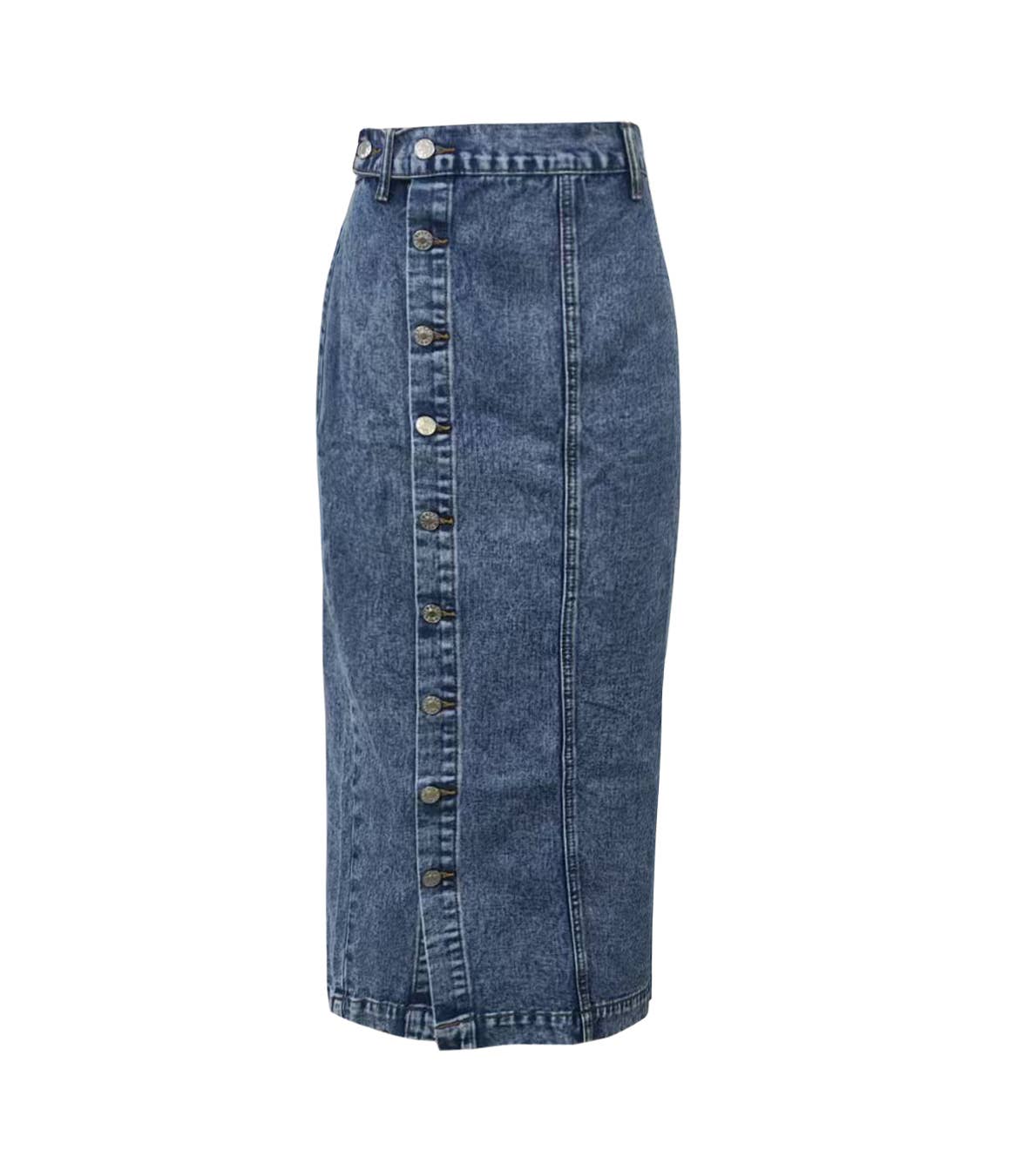 High Rise Buttoned Denim Skirt with Front Slit