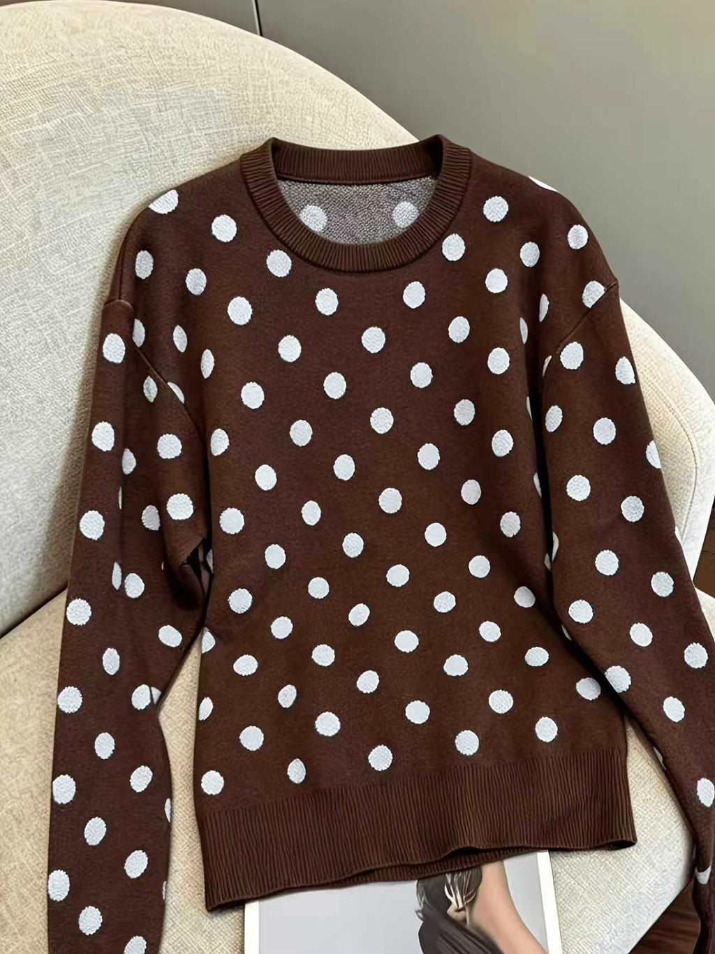 Polka Dot Crew Neck Knit Sweater - Coffee