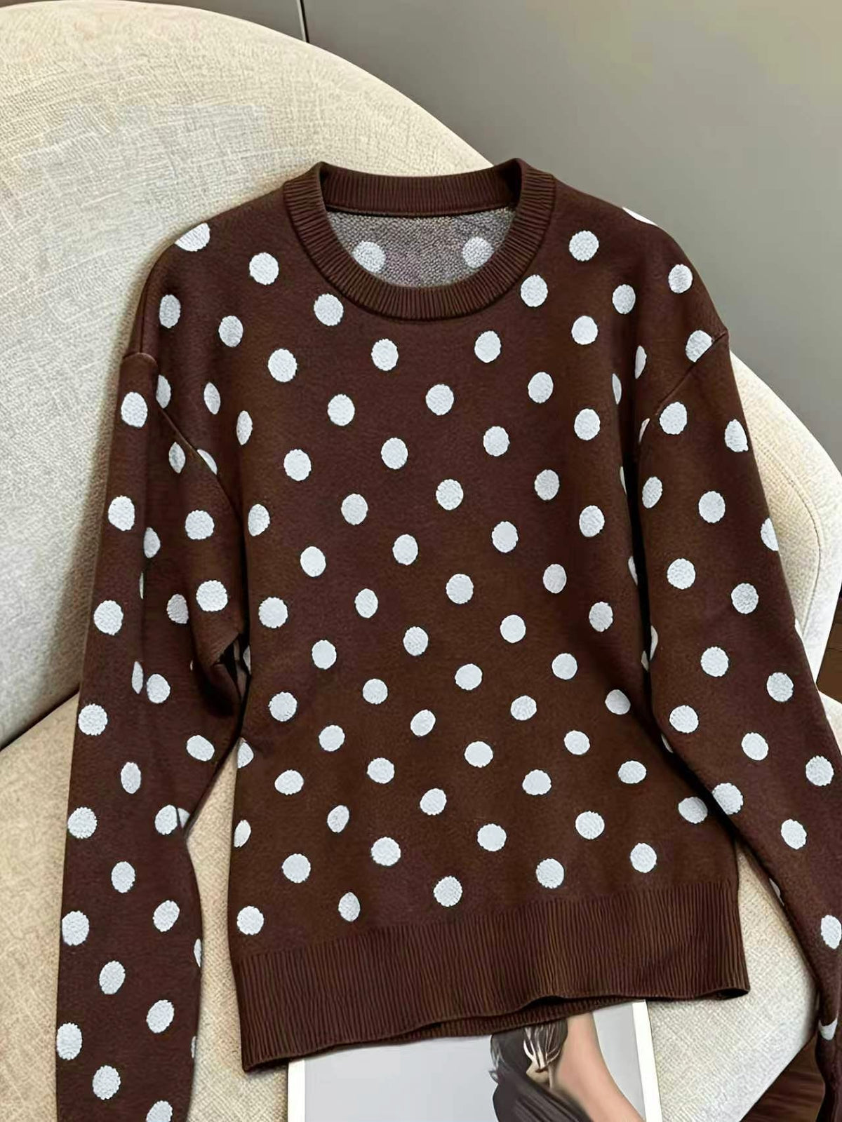 Polka Dot Crew Neck Knit Sweater - Coffee