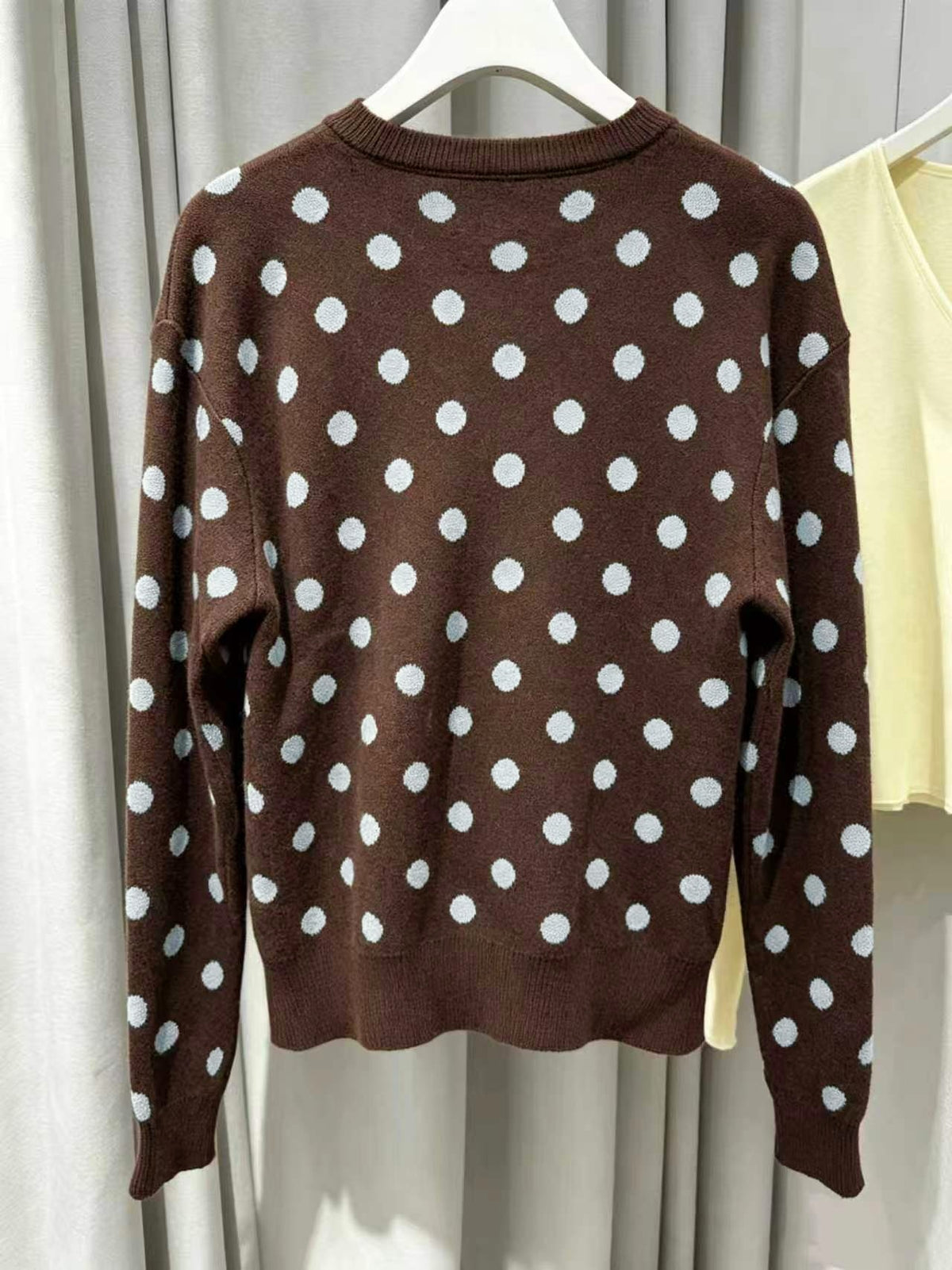 Polka Dot Crew Neck Knit Sweater - Coffee - 1