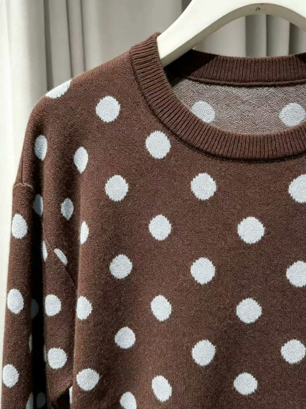 Polka Dot Crew Neck Knit Sweater - Coffee - 2