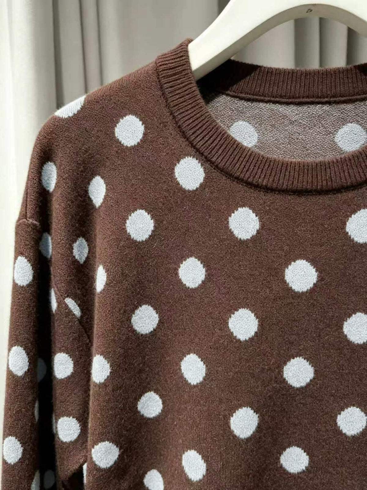 Polka Dot Crew Neck Knit Sweater - Coffee - 2