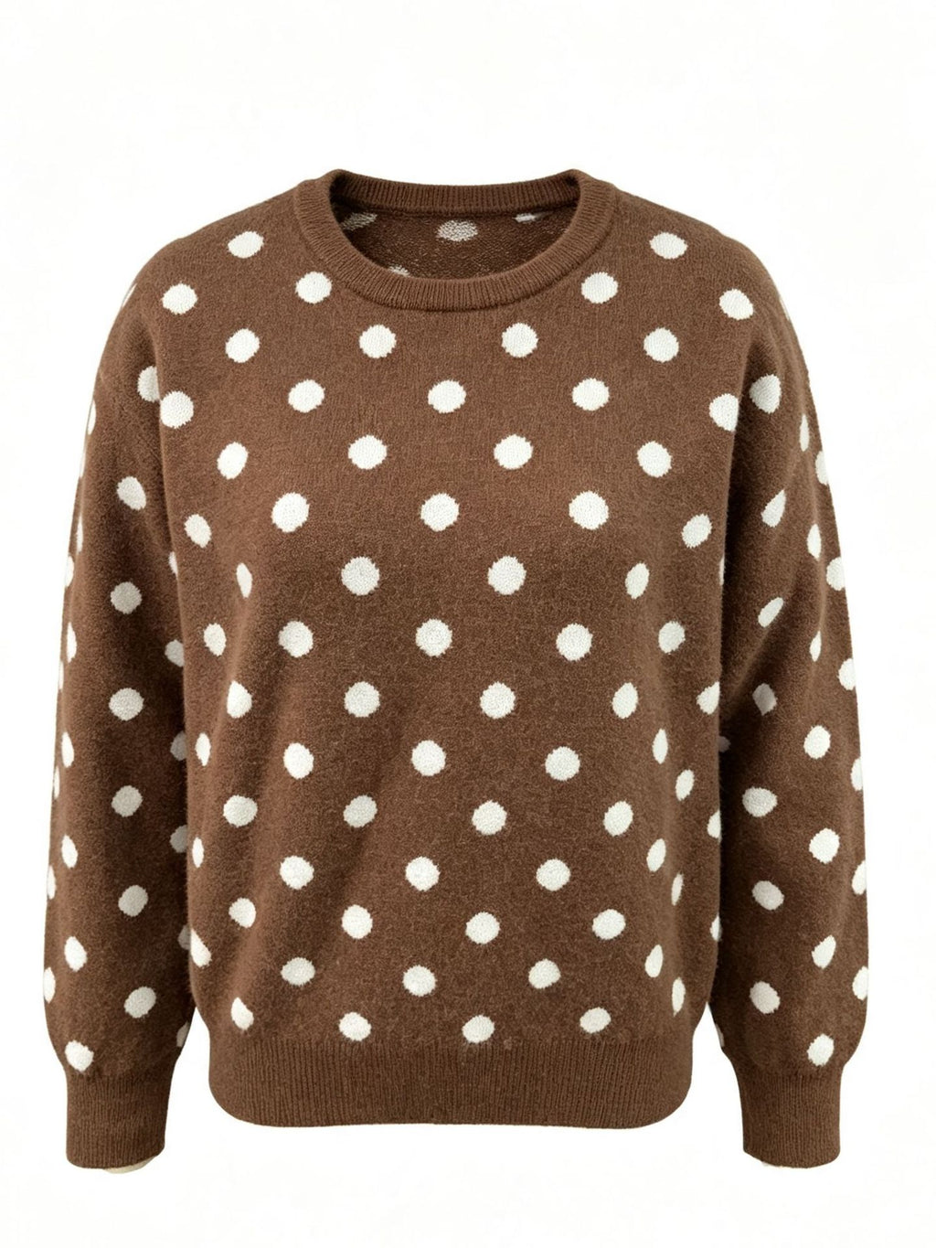 Polka Dot Crew Neck Knit Sweater - Coffee - 3