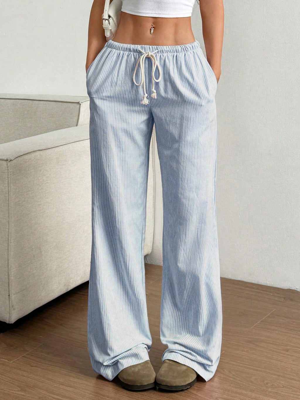 Pinstripe Drawstring Relaxed Straight Leg Pants - Blue