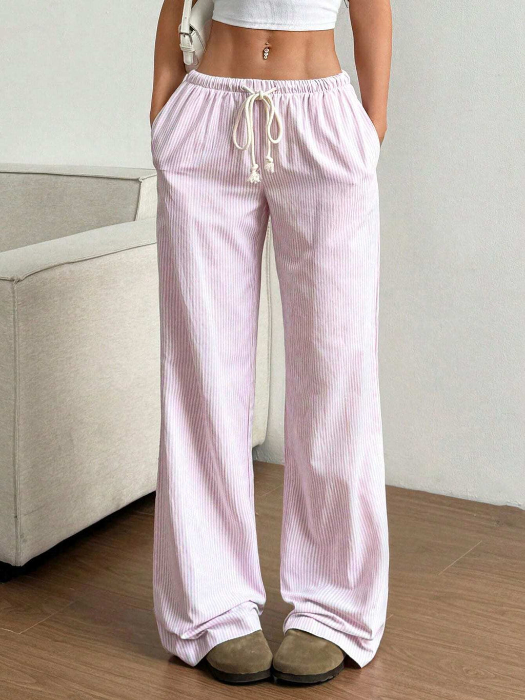 Pinstripe Drawstring Relaxed Straight Leg Pants - Pink