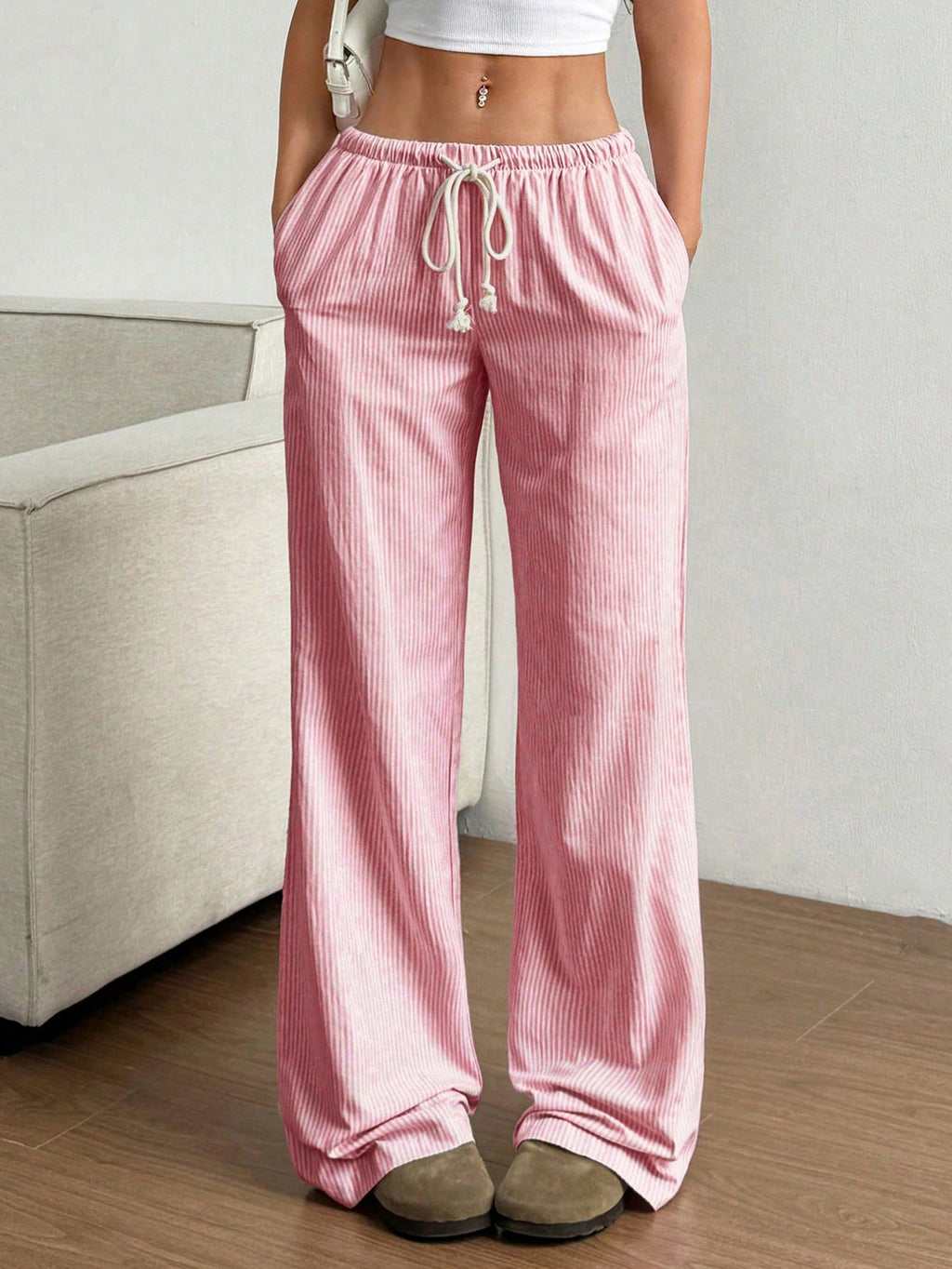 Pinstripe Drawstring Relaxed Straight Leg Pants - Red