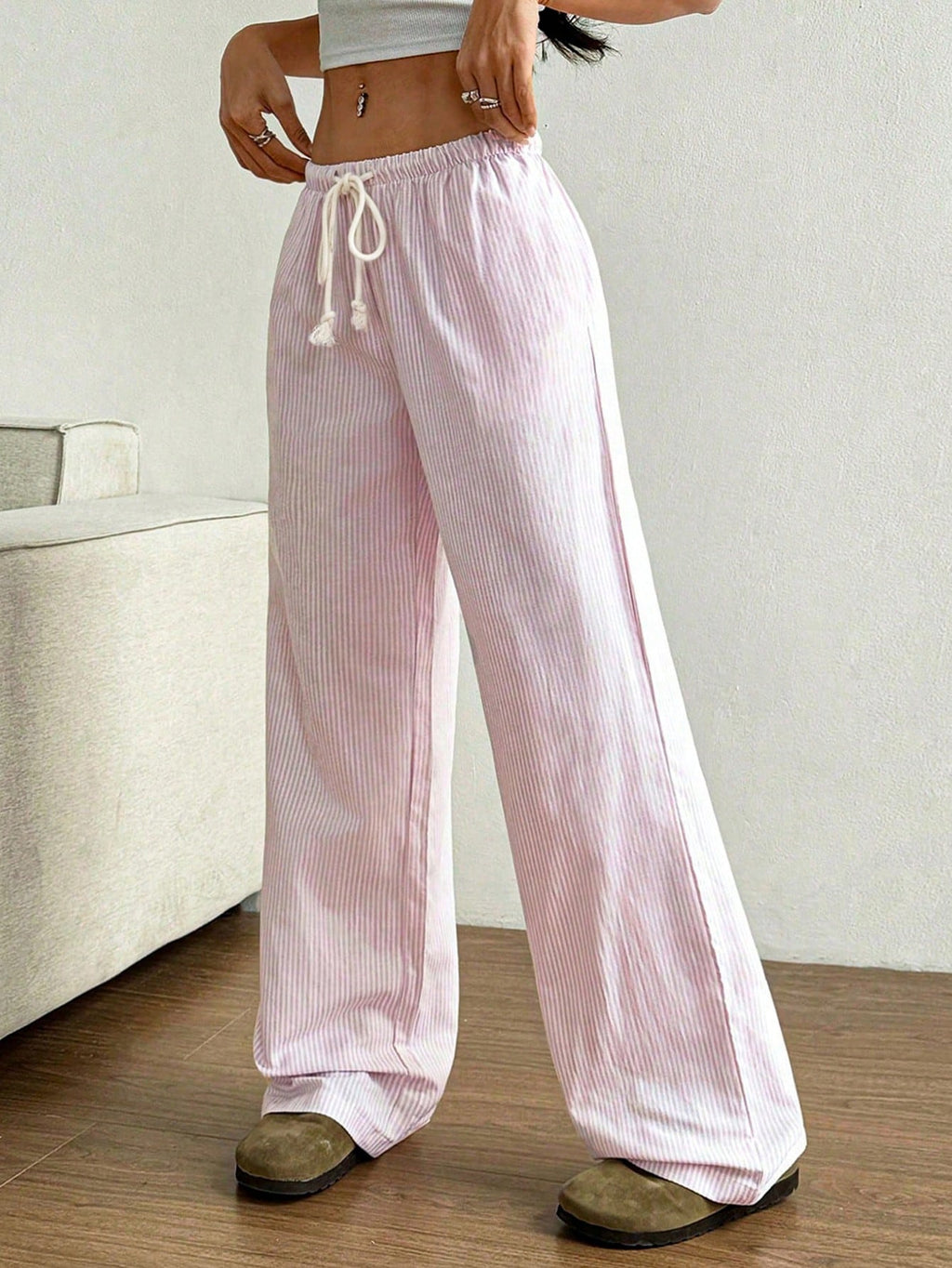 Pinstripe Drawstring Relaxed Straight Leg Pants - view 2