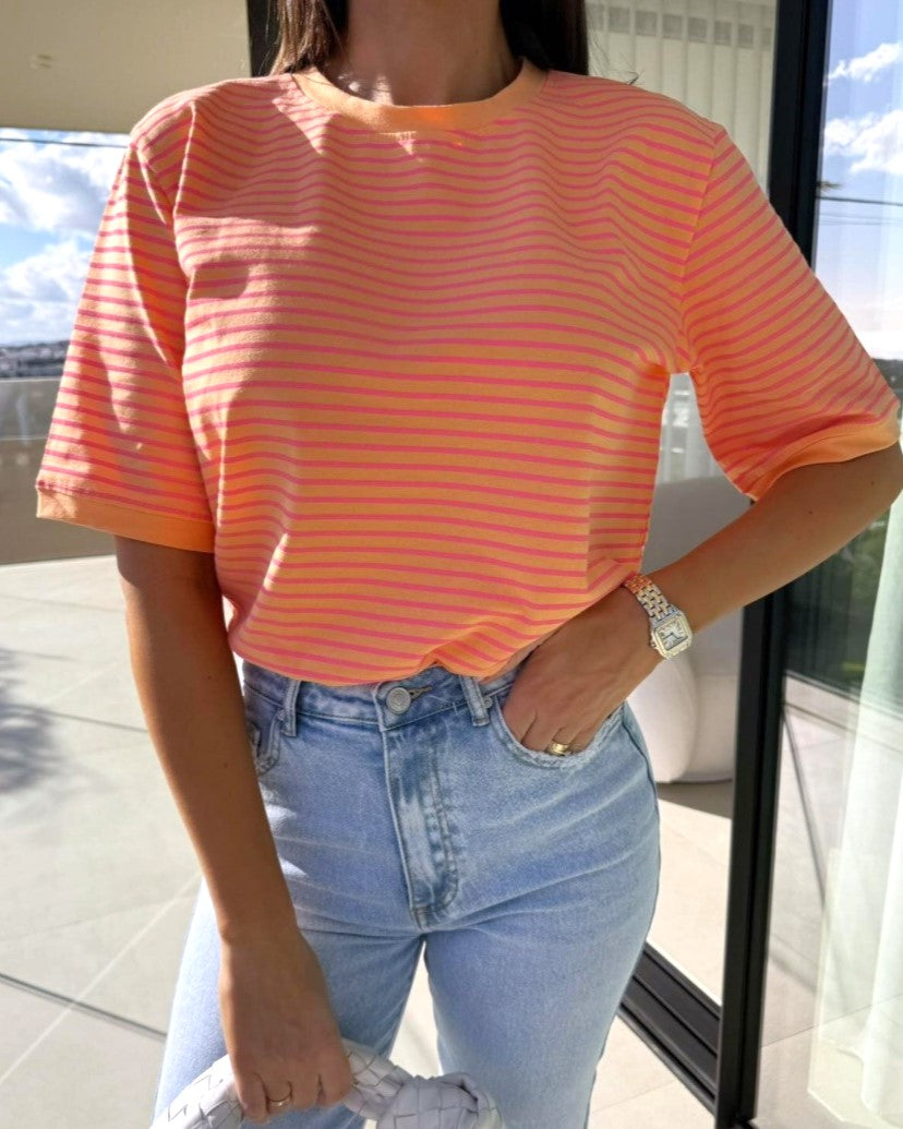 Boxy Fit Fine Striped Short Sleeve Tee - Orange