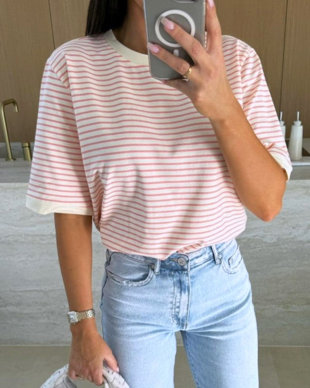 Boxy Fit Fine Striped Short Sleeve Tee - Pink