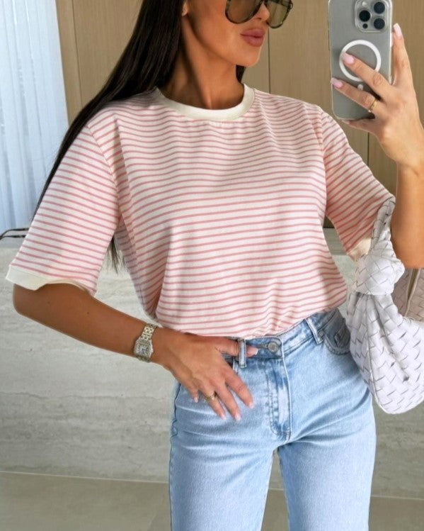 Boxy Fit Fine Striped Short Sleeve Tee - Pink - 1