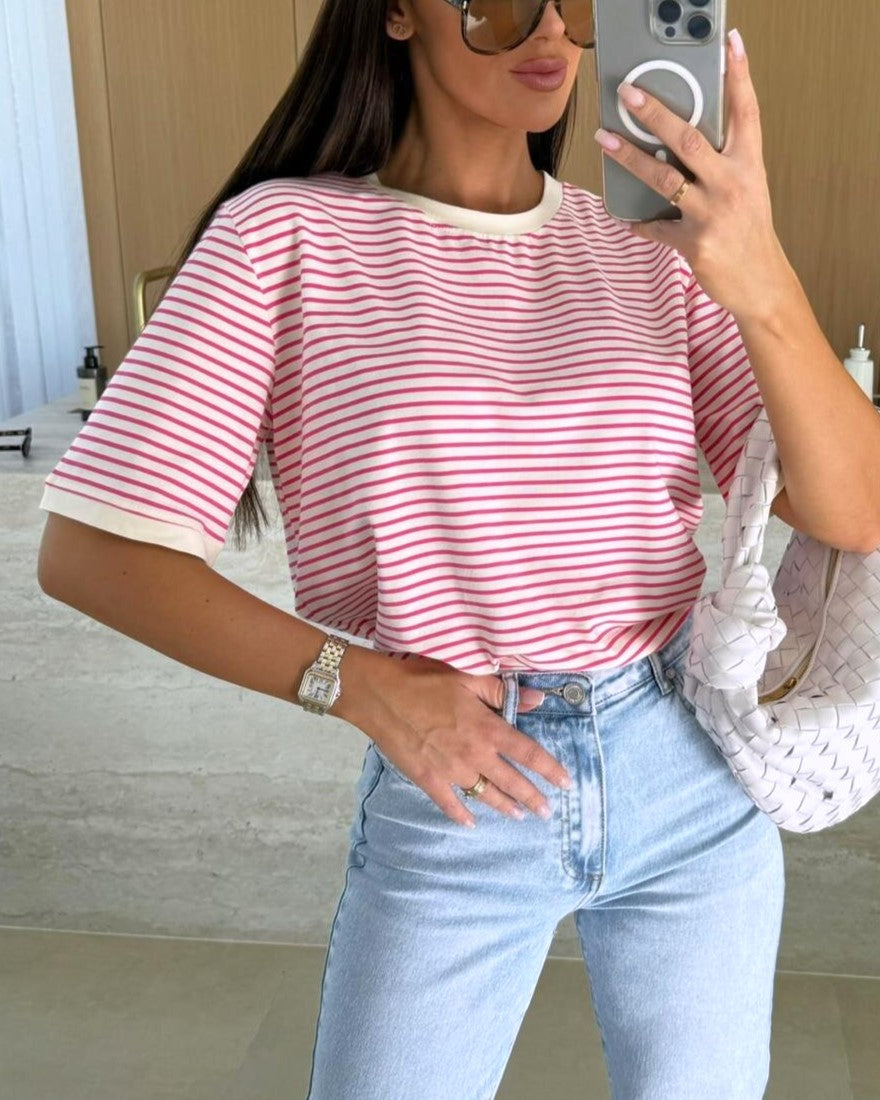 Boxy Fit Fine Striped Short Sleeve Tee - Red