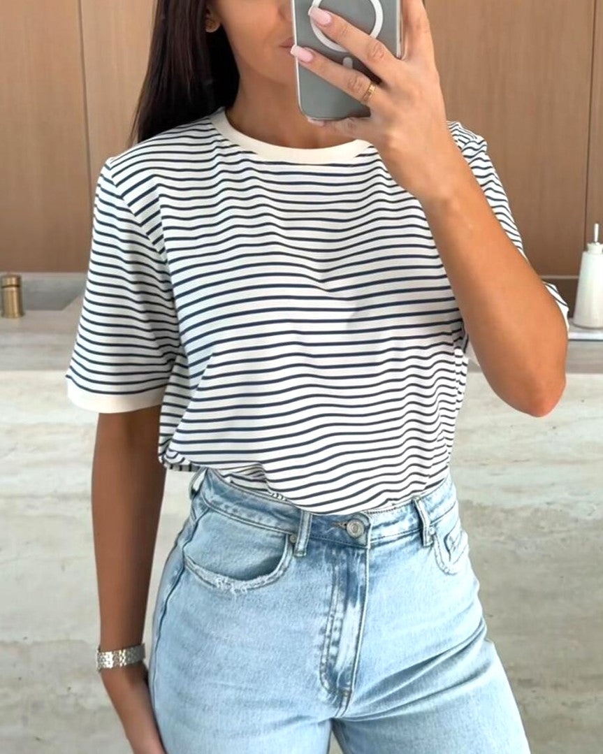 Boxy Fit Fine Striped Short Sleeve Tee - White