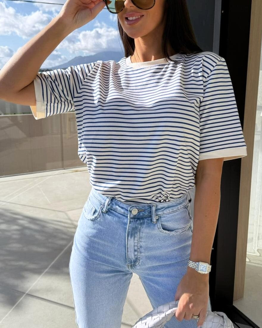 Boxy Fit Fine Striped Short Sleeve Tee - White - 2