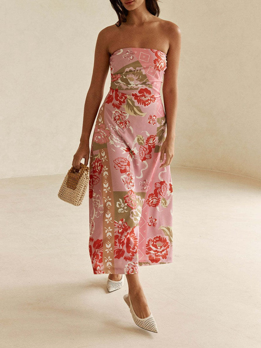 Blooming Rose Print Strapless Maxi Dress - Floral
