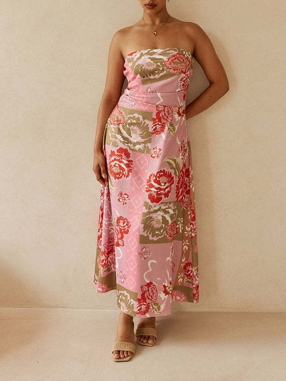 Blooming Rose Print Strapless Maxi Dress - Floral - 1