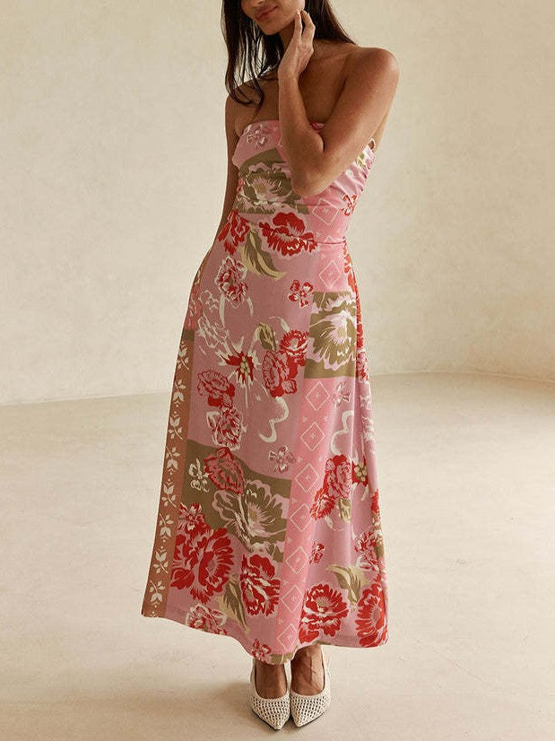 Blooming Rose Print Strapless Maxi Dress - Floral - 2