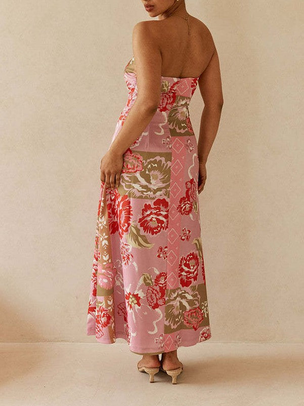 Blooming Rose Print Strapless Maxi Dress - Floral - 4