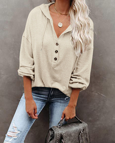Button Placket Drawstring Hoodie With Balloon Sleeves - Apricot