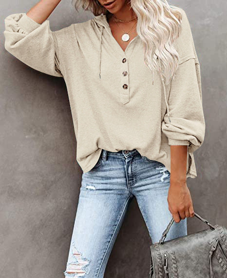 Button Placket Drawstring Hoodie With Balloon Sleeves - Apricot - 1