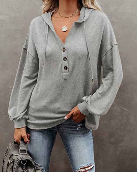Button Placket Drawstring Hoodie With Balloon Sleeves - Grey - 1