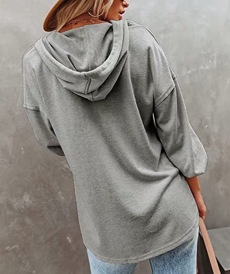 Button Placket Drawstring Hoodie With Balloon Sleeves - Grey - 2