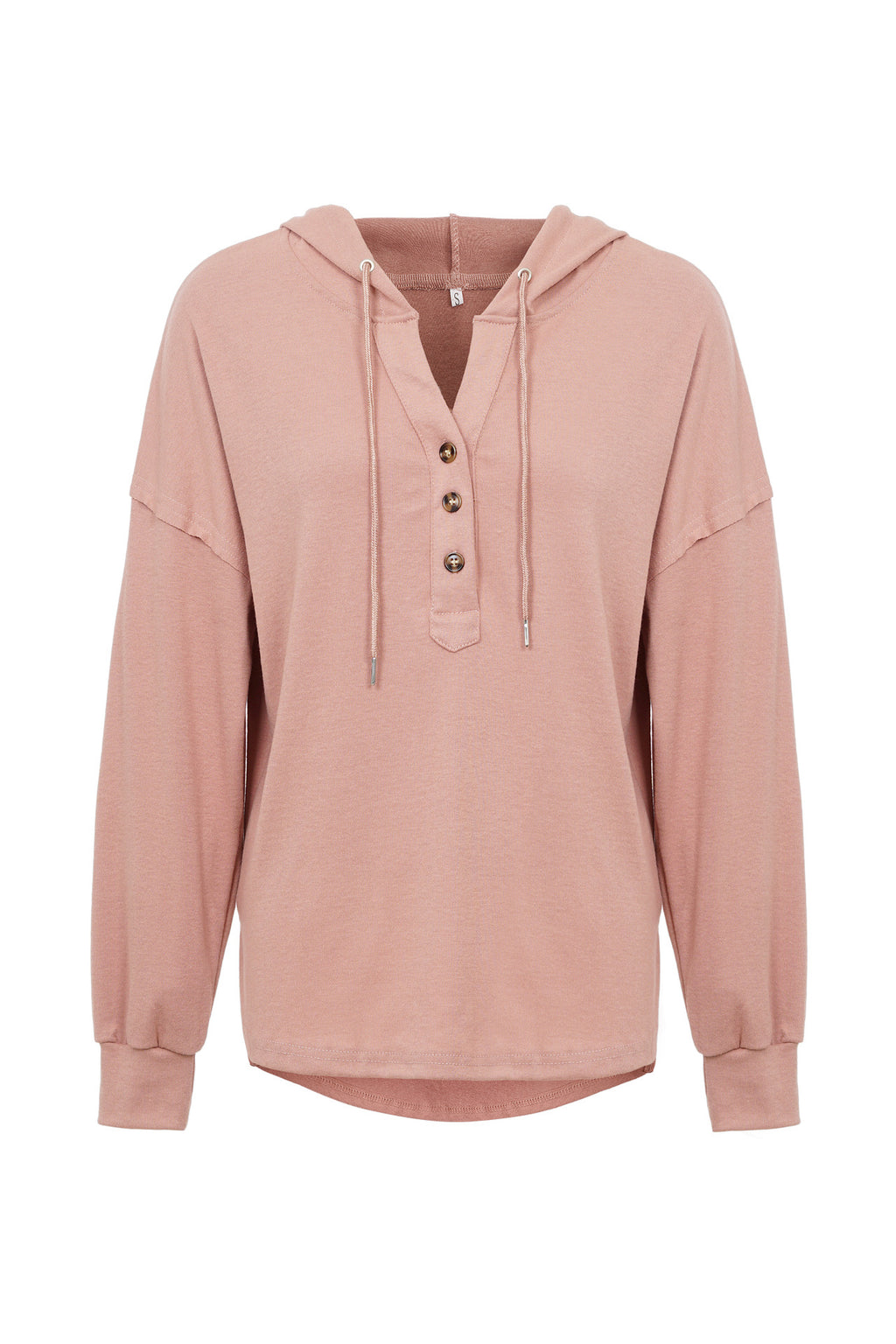 Button Placket Drawstring Hoodie With Balloon Sleeves - Pink