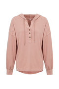 Button Placket Drawstring Hoodie With Balloon Sleeves - Pink