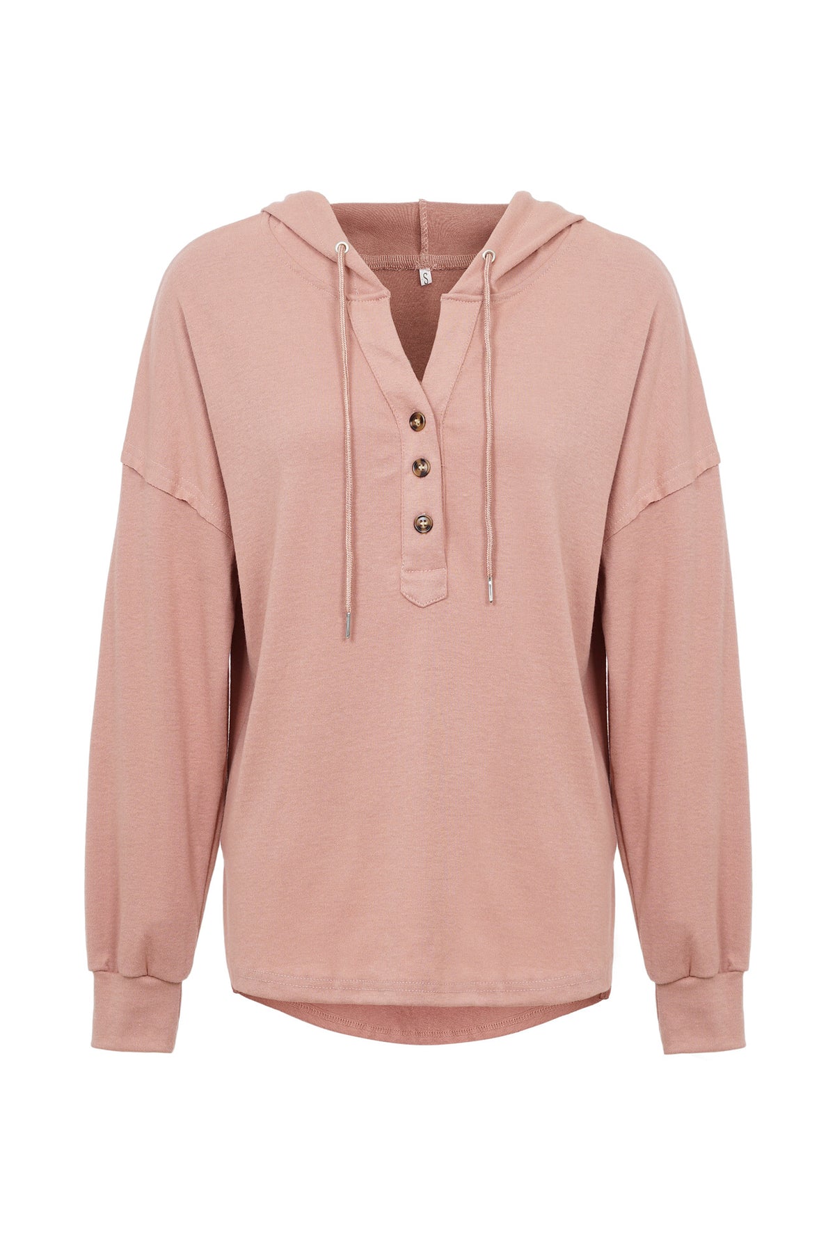 Button Placket Drawstring Hoodie With Balloon Sleeves - Pink