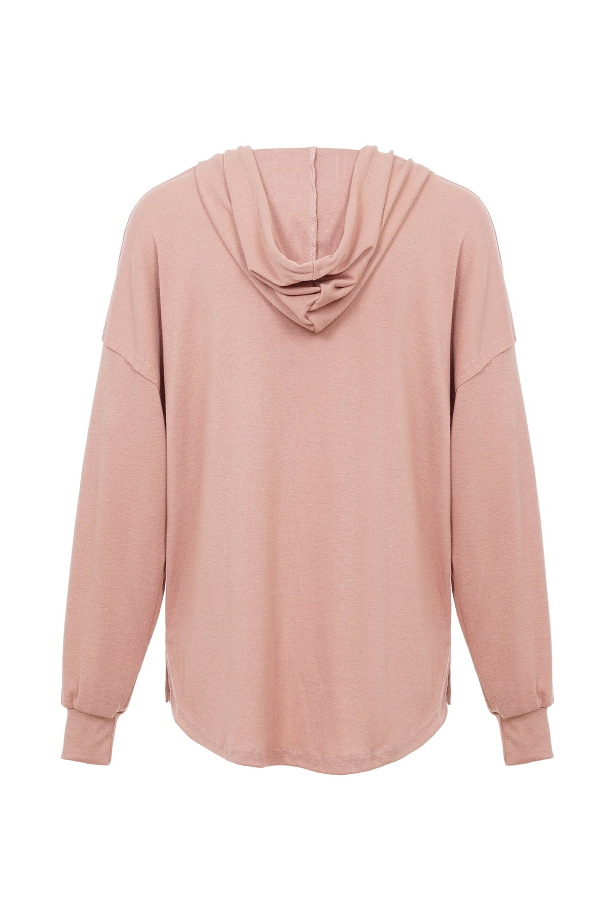 Button Placket Drawstring Hoodie With Balloon Sleeves - Pink - 1