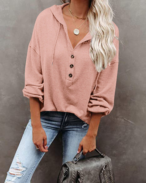 Button Placket Drawstring Hoodie With Balloon Sleeves - Pink - 2
