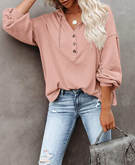 Button Placket Drawstring Hoodie With Balloon Sleeves - Pink - 3