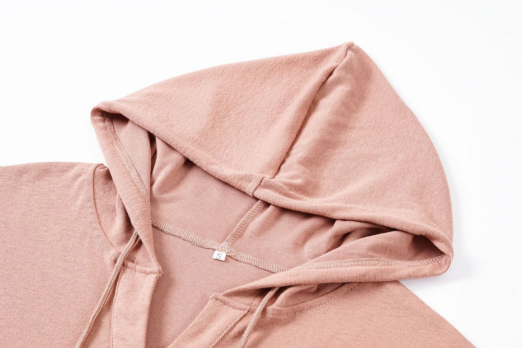 Button Placket Drawstring Hoodie With Balloon Sleeves - Pink - 5