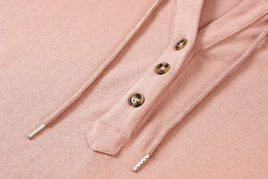 Button Placket Drawstring Hoodie With Balloon Sleeves - Pink - 6