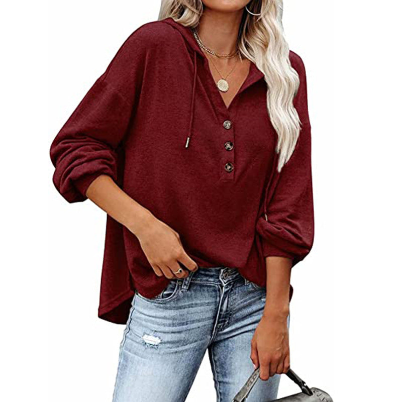 Button Placket Drawstring Hoodie With Balloon Sleeves - Winered