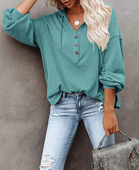 Button Placket Drawstring Hoodie With Balloon Sleeves